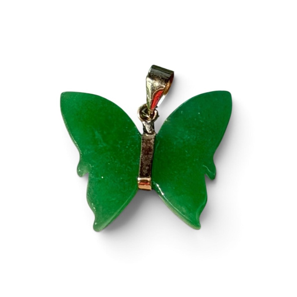 Charming 14K Real Gold Green Jade Butterfly Pendant 20mm including Bail